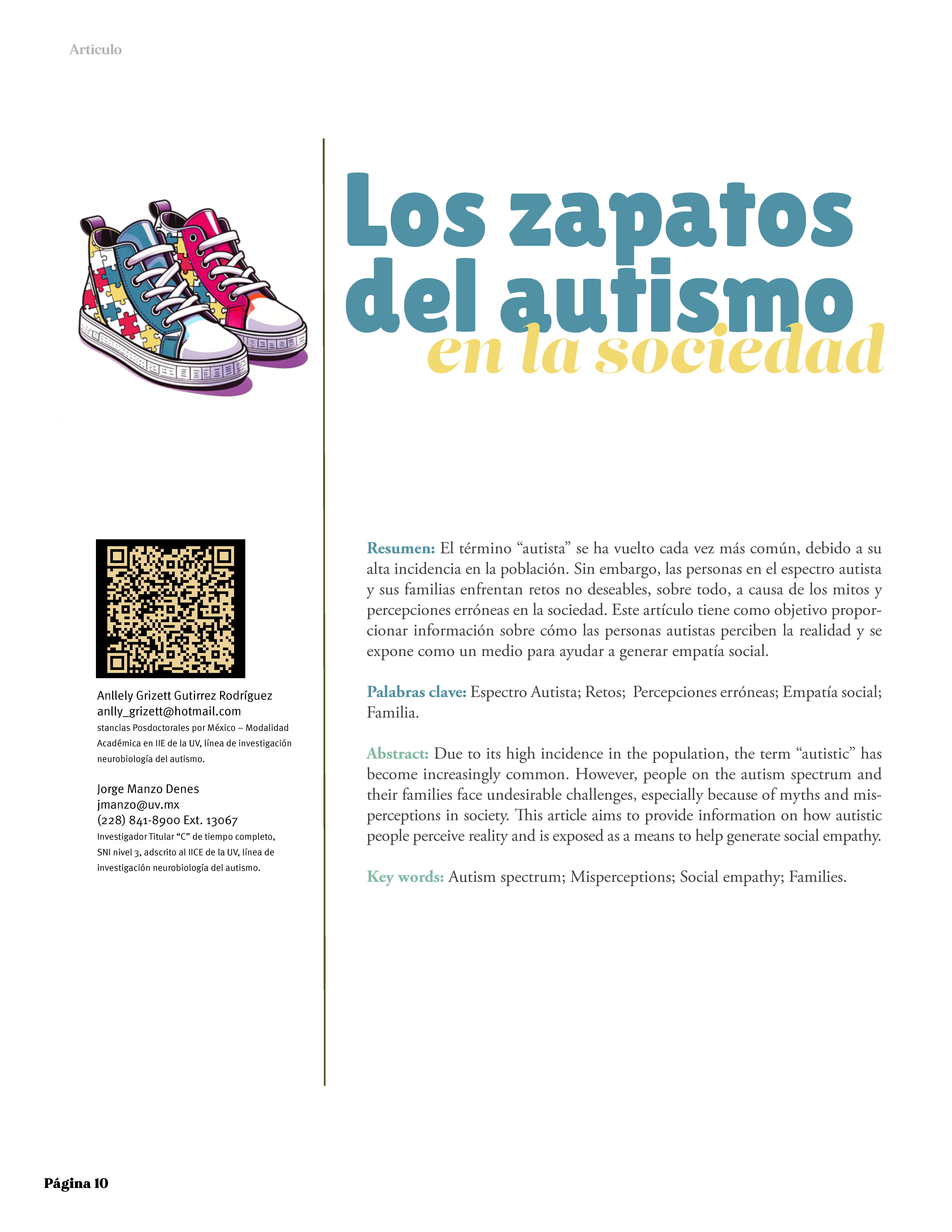 Se muestra la portada, unos tenis con patrón de rompecabezas, la y el autor. Un codigo qr para oir el artículo.